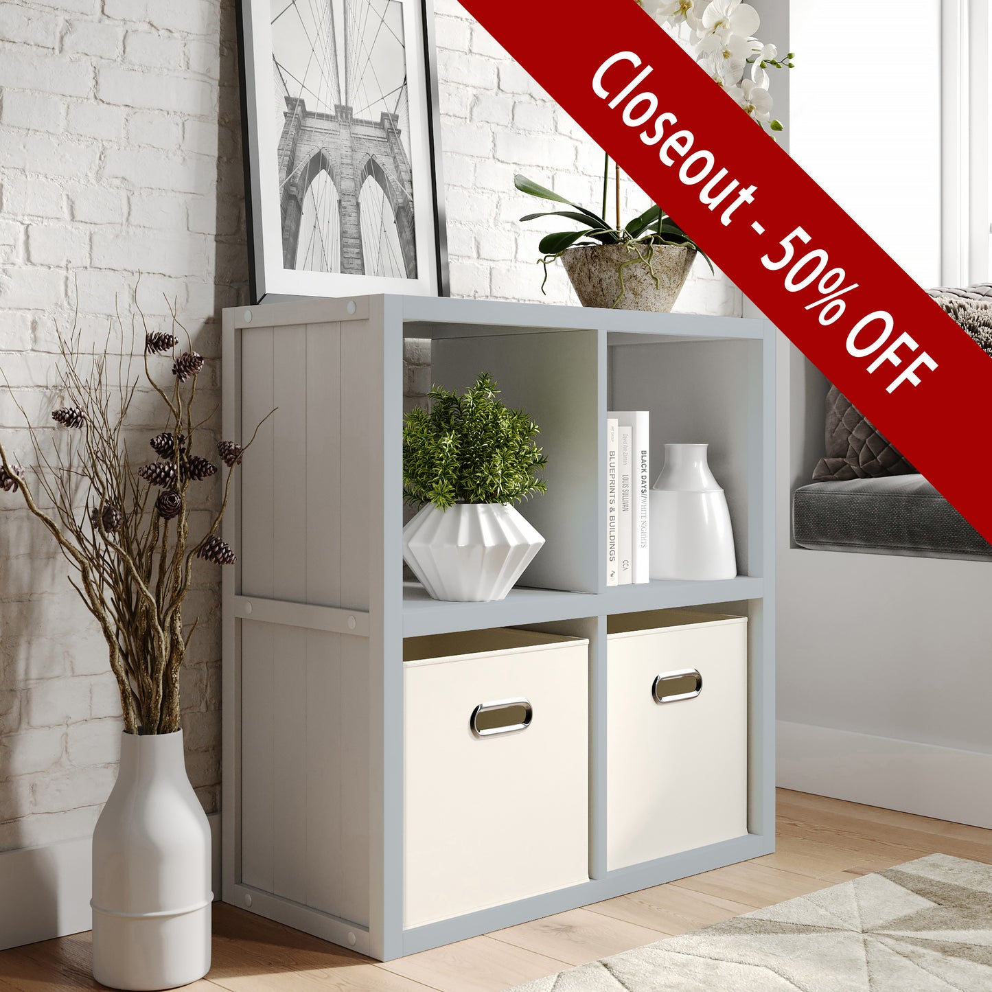 grey 4 cube organizer in bedroom