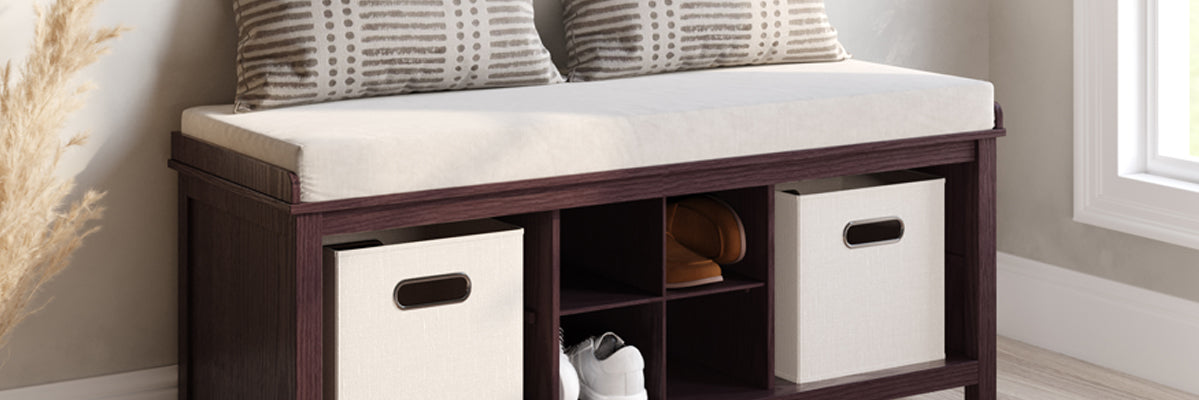 espresso entryway bench with cubbies and shoe storage placed in home foyer