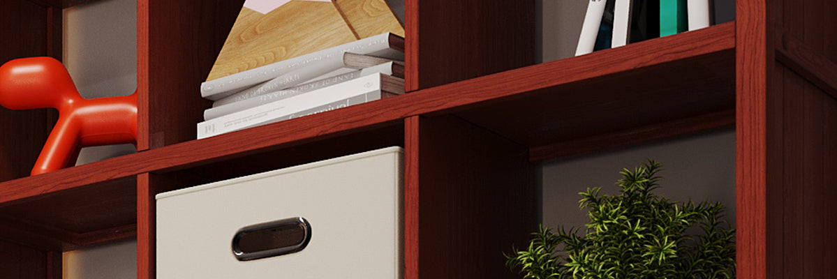 close up of a red mahogany cube organizer storing everyday items