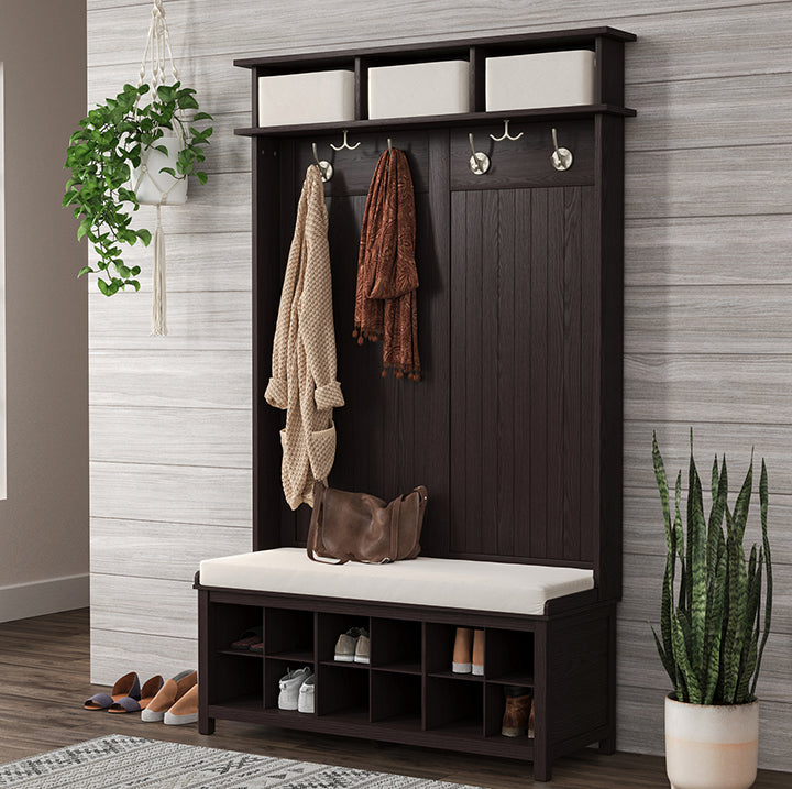 espresso John Louis Home hall tree organizing shoes in a hallway