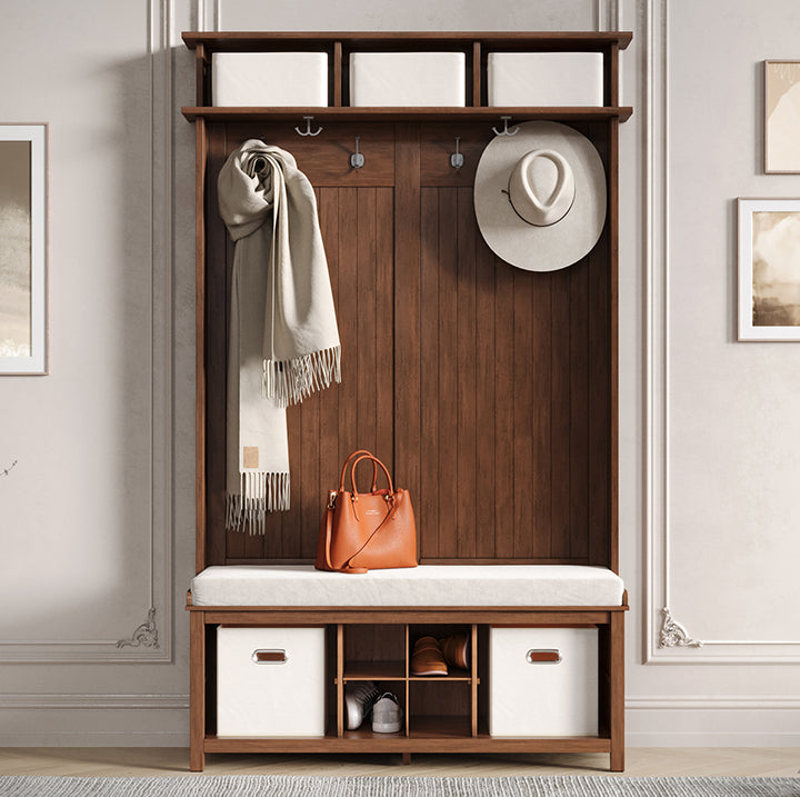 chestnut John Louis Home hall tree in an elegant hallway organizing hats, scarves, shoes and more