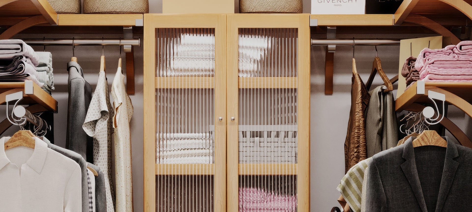 closeup of fluted glass doors in a custom walk in closet design