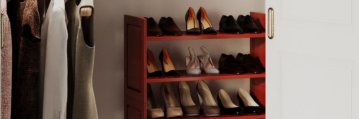 red mahogany 2 tiered John Louis Home stackable shoe and shelving rack organizing shoes in a reach in closet