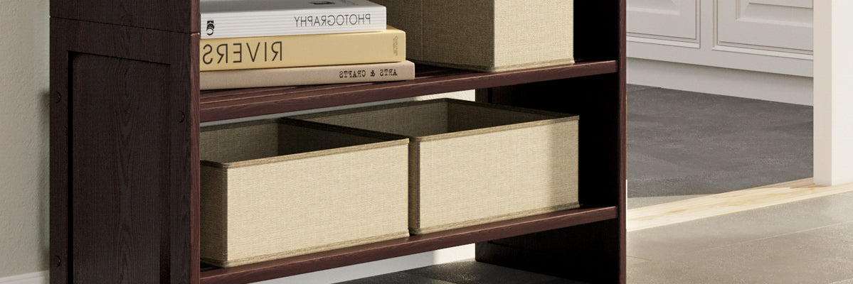 closeup of espresso 2 tiered shelves of a John Louis Home stackable shoe and shelving rack 