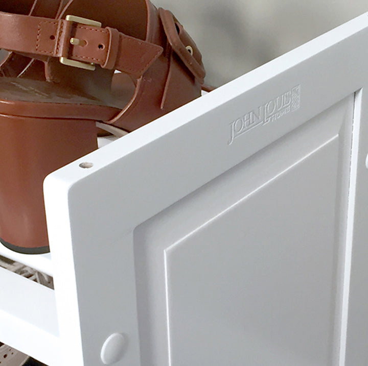 close up of the John Louis Home stackable shoe and shelving rack featuring solid wood decorative raised panel sides
