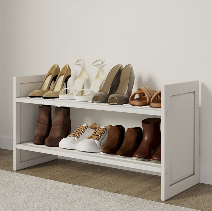 one white John Louis Home stackable shoe and shelving rack with 4 feet of storage