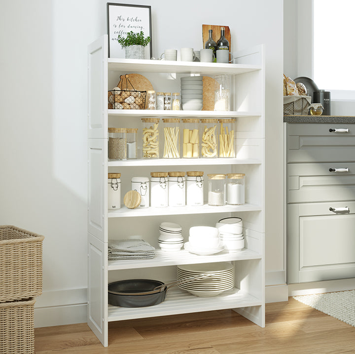 durable solid wood white John Louis Home stackable shoe and shelving rack organizing kitchen essentials 