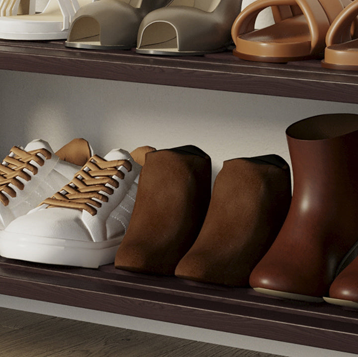 A John Louis Home stackable shoe and shelving rack closeup image detailing the durable eco friendly espresso finish