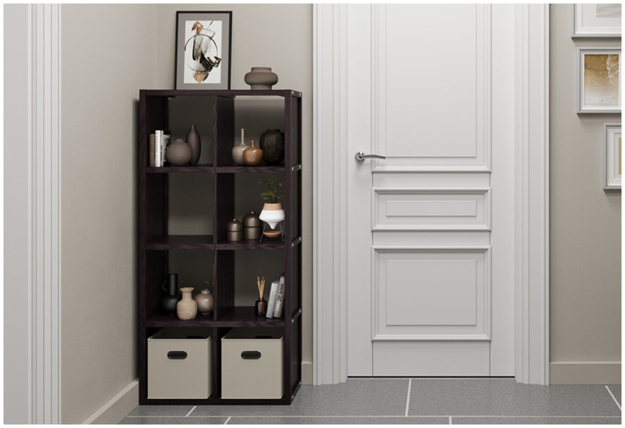 tall espresso storage cube in mudroom